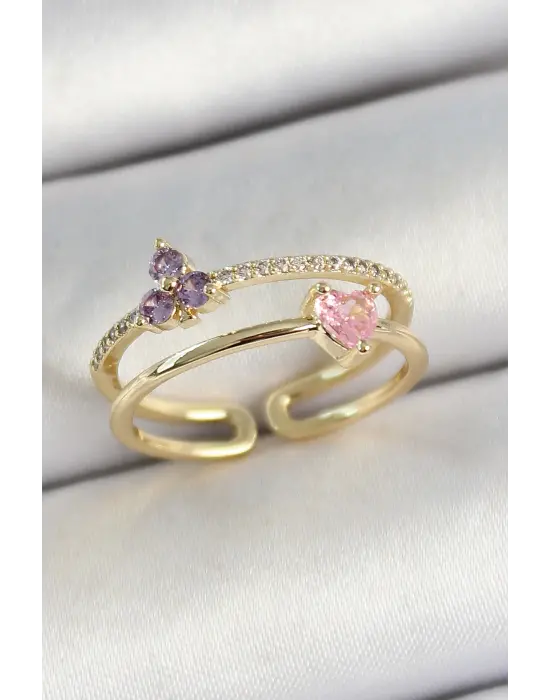 Pirinç Kalp Ve Çiçek Figürlü Zirkon Taşlı Gold Renk Ayarlanabilir Kadın Yüzük