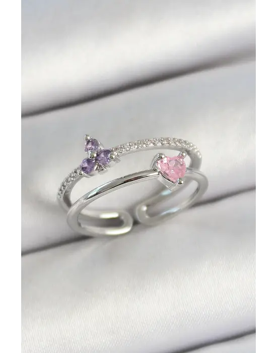 Pirinç Kalp Ve Çiçek Figürlü Zirkon Taşlı Gümüş Renk Ayarlanabilir Kadın Yüzük