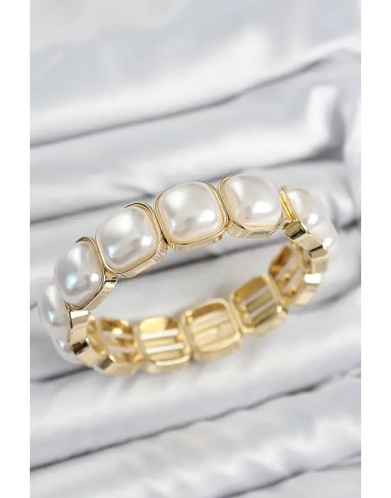 Pirinç Kare İnci Model Gold Renk Lastikli Kadın Bileklik