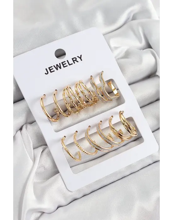 Pirinç Karışık Halka Model Gold Renk 6 Çift Kadın Küpe Set