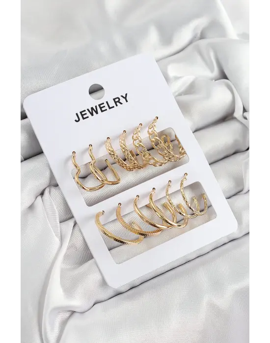 Pirinç Karışık Halka Model Gold Renk 6 Çift Kadın Küpe Set