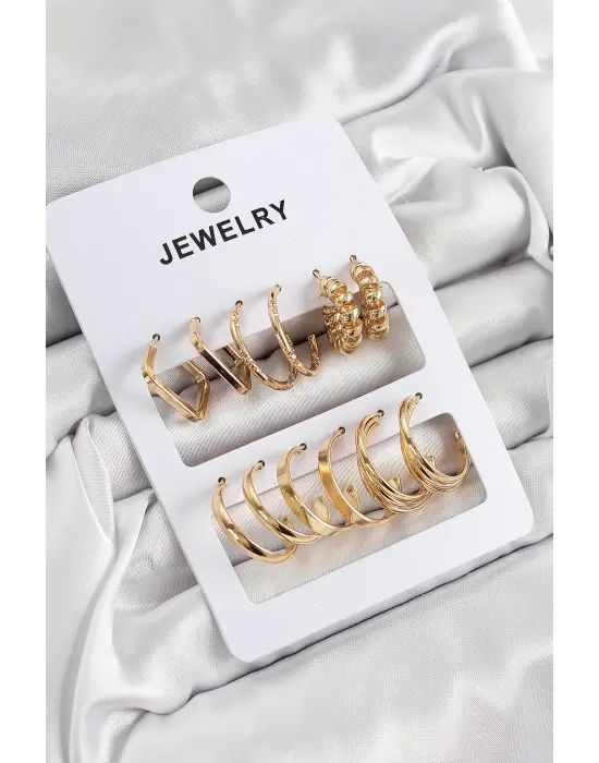Pirinç Karışık Halka Model Gold Renk 6 Çift Kadın Küpe Set