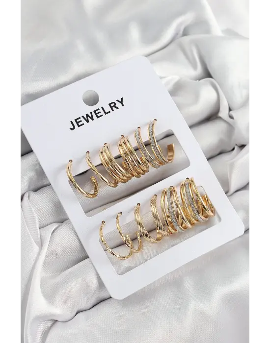 Pirinç Karışık Halka Model Gold Renk 6 Çift Kadın Küpe Set