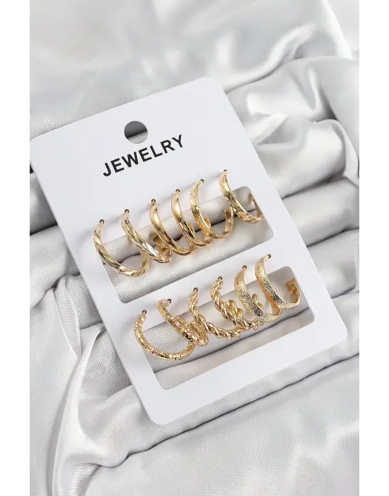 Pirinç Karışık Halka Model Gold Renk 6 Çift Kadın Küpe Set
