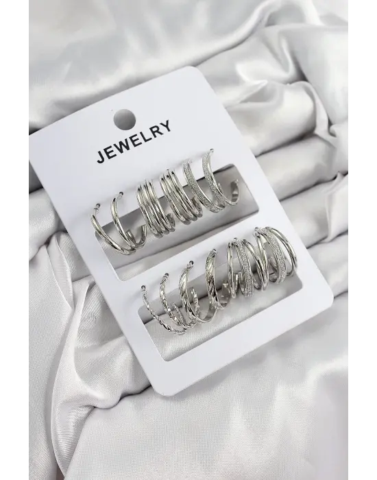 Pirinç Karışık Halka Model Gümüş Renk 6 Çift Kadın Küpe Set