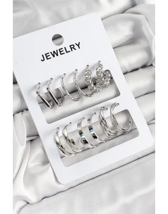 Pirinç Karışık Halka Model Gümüş Renk 6 Çift Kadın Küpe Set
