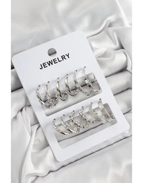 Pirinç Karışık Halka Model Gümüş Renk 6 Çift Kadın Küpe Set