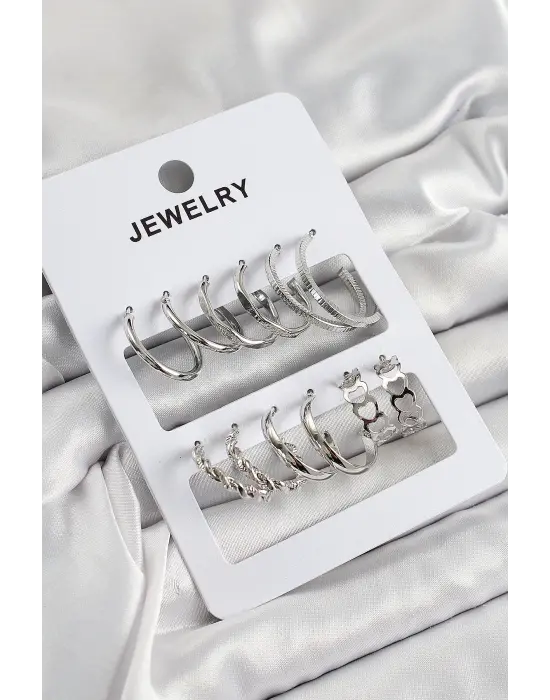 Pirinç Karışık Halka Model Gümüş Renk 6 Çift Kadın Küpe Set