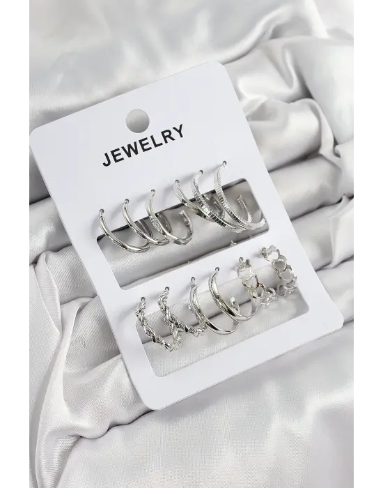 Pirinç Karışık Halka Model Gümüş Renk 6 Çift Kadın Küpe Set