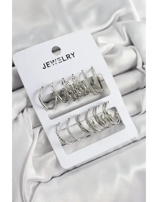 Pirinç Karışık Halka Model Gümüş Renk 6 Çift Kadın Küpe Set