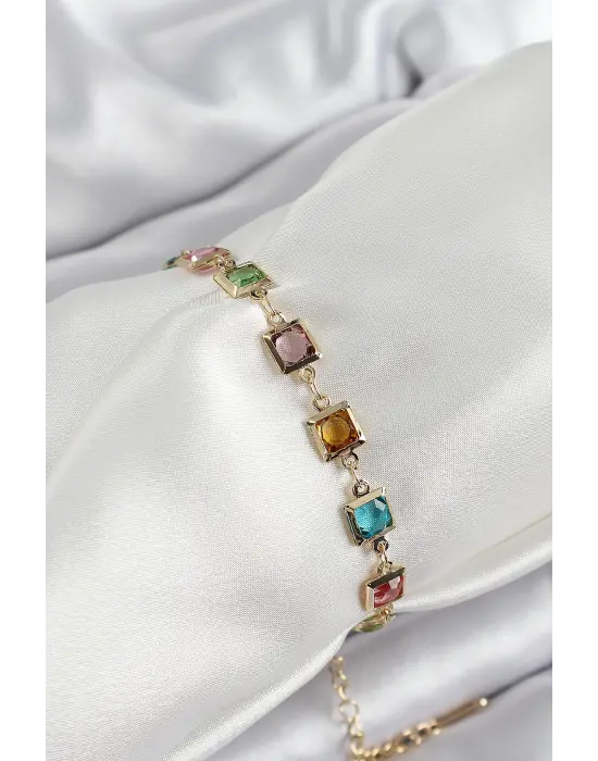 Pirinç Karışık Renk Kare Zirkon Taşlı Gold Renk Kadın Bileklik