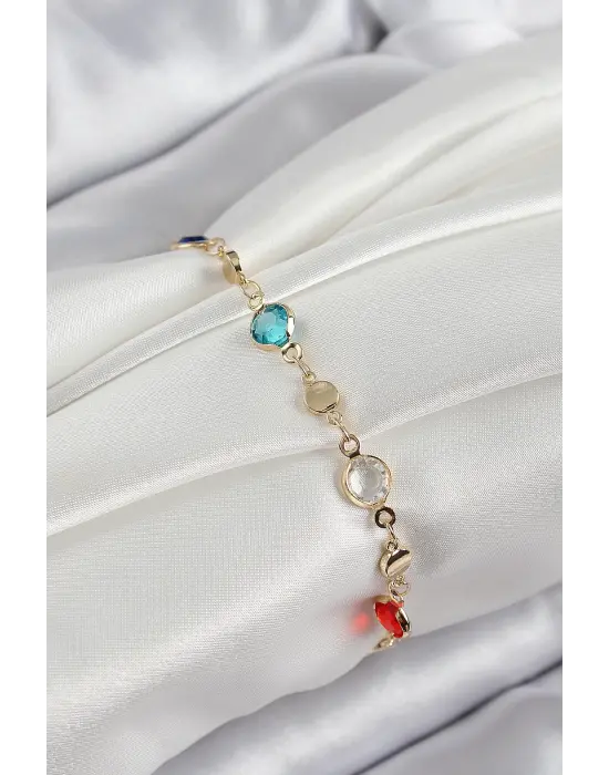 Pirinç Karışık Renk Zirkon Taşlı Gold Renk Kadın Bileklik