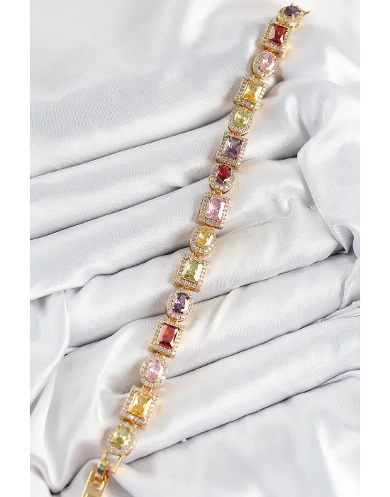 Pirinç Karışık Zirkon Taşlı Baget Model Gold Renk VIP Seri Kadın Bileklik