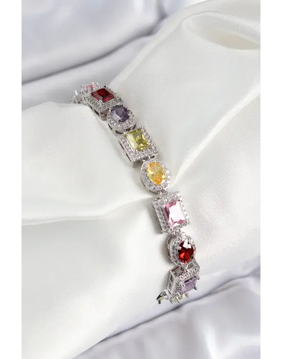 Pirinç Karışık Zirkon Taşlı Baget Model Gümüş Renk VIP Seri Kadın Bileklik