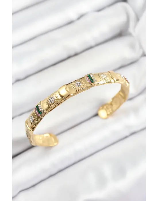 Çelik Karışık Zirkon Taşlı Çiçek Model Gold Renk Altı Açık Kadın Bileklik