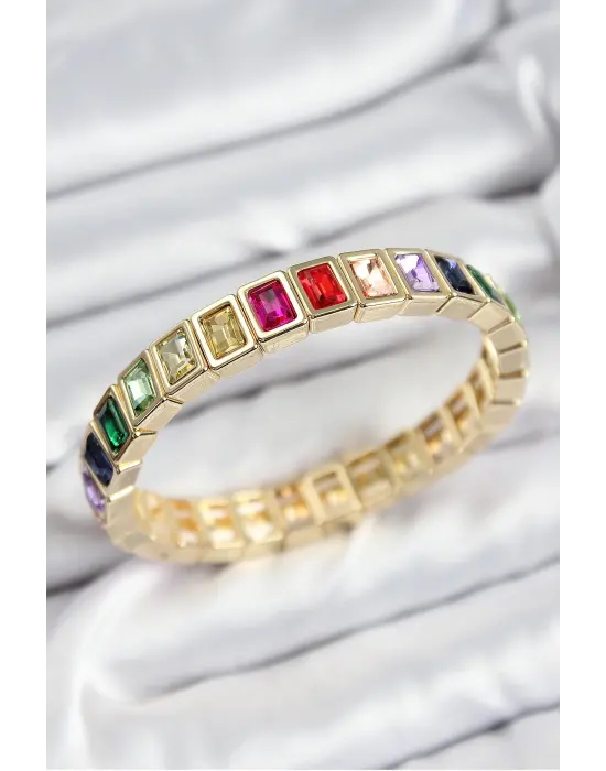 Pirinç Karışık Zirkon Taşlı Dikdörtgen Model Gold Renk Lastikli Kadın Bileklik