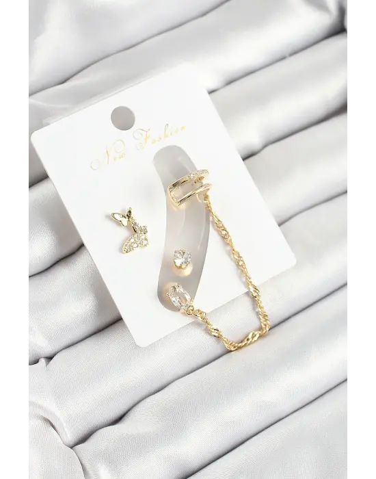 Pirinç Kelebek Figürlü Zirkon Taşlı Gold Renk 3lü Kıkırdak Kadın Küpe Set