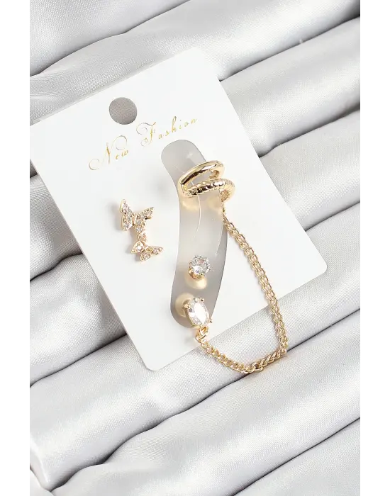 Pirinç Kelebek Figürlü Zirkon Taşlı Gold Renk 3lü Kıkırdak Kadın Küpe Set