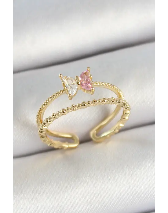 Pirinç Kelebek Figürlü Zirkon Taşlı Gold Renk Ayarlanabilir Kadın Yüzük