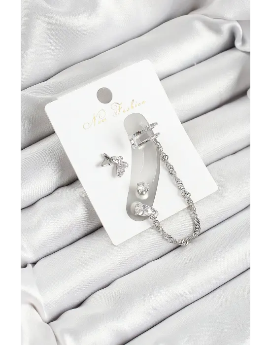 Pirinç Kelebek Figürlü Zirkon Taşlı Gümüş Renk 3lü Kıkırdak Kadın Küpe Set