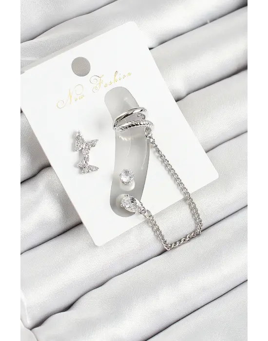 Pirinç Kelebek Figürlü Zirkon Taşlı Gümüş Renk 3lü Kıkırdak Kadın Küpe Set