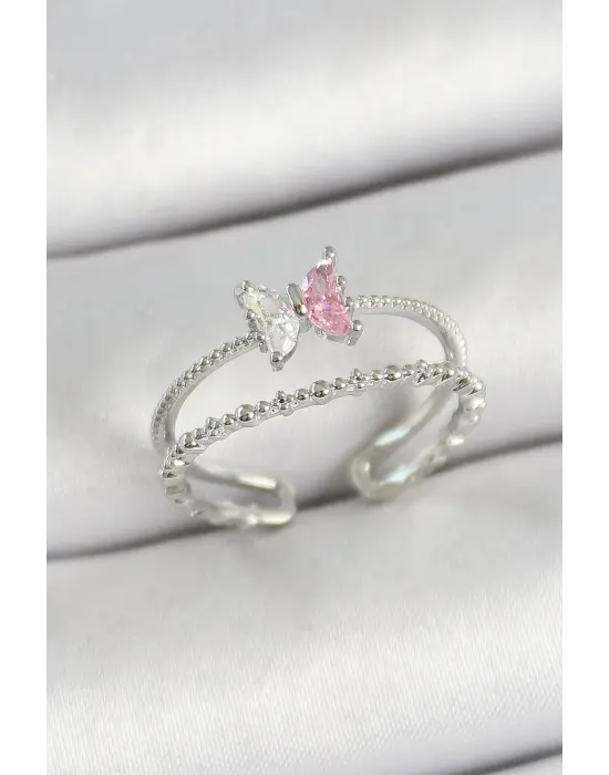 Pirinç Kelebek Figürlü Zirkon Taşlı Gümüş Renk Ayarlanabilir Kadın Yüzük