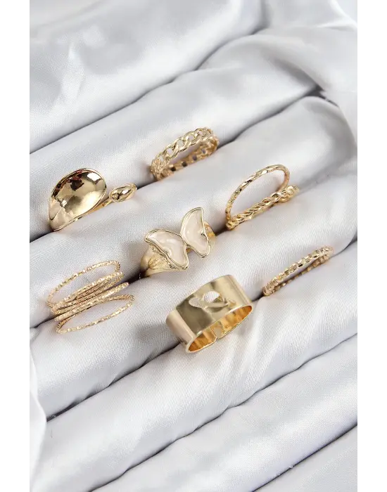 Pirinç Kelebek Model Gold Renk Kadın Yüzük Kombin Set