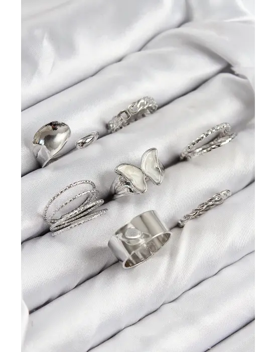 Pirinç Kelebek Model Gümüş Renk Kadın Yüzük Kombin Set