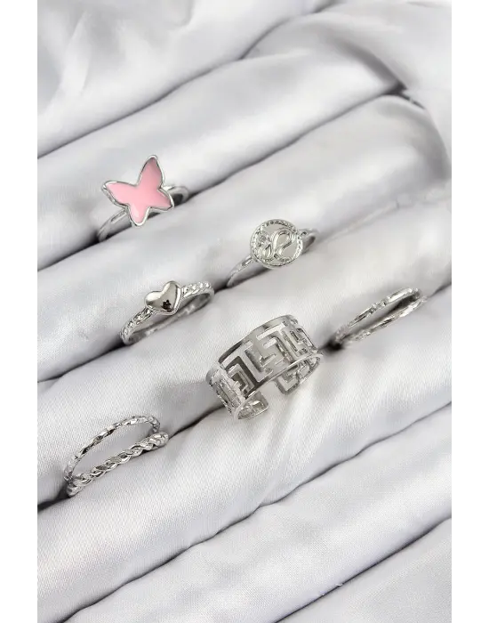 Pirinç Kelebek Ve Kalp Model Gümüş Renk Kadın Yüzük Kombin Set