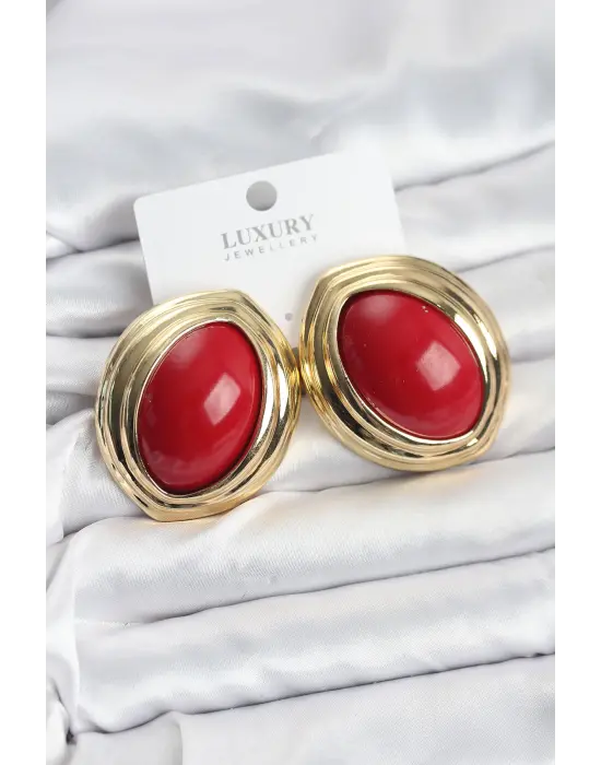 Çelik Kırmızı Badem Model Vintage Gold Kadın Küpe