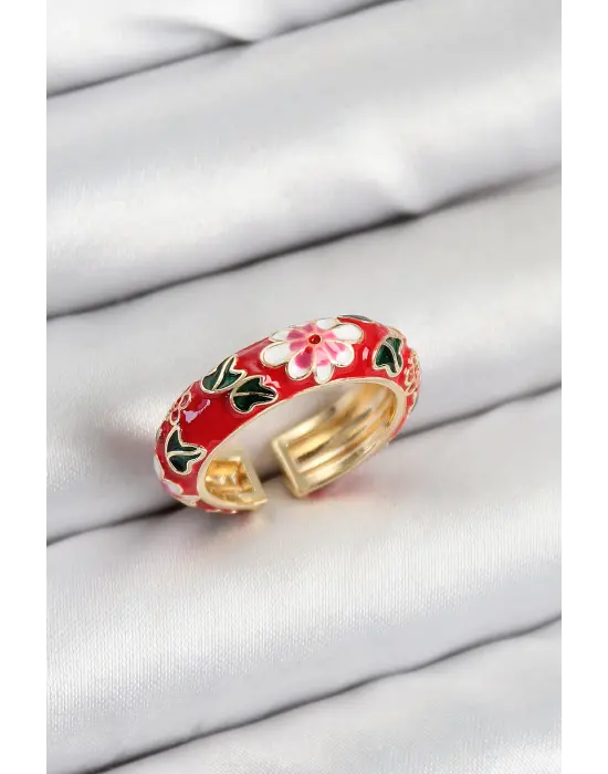 Pirinç Kırmızı Mineli Çiçek Motifli Gold Renk Ayarlanabilir Kadın Yüzük
