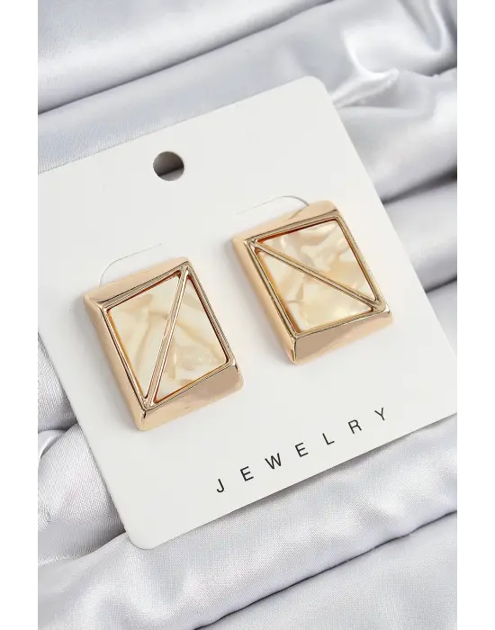 Pirinç Krem Üçgen Kesim Detaylı Kare Model Vintage Gold Renk Kadın Küpe