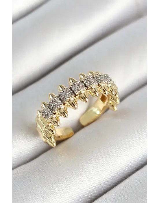 Pirinç Kurşun Figürlü Zirkon Taşlı Gold Renk Ayarlanabilir Kadın Yüzük