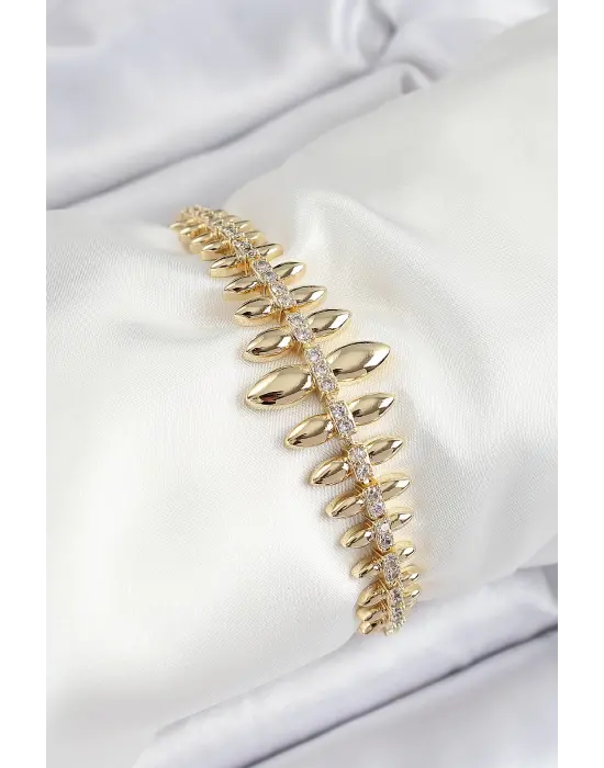 Pirinç Kurşun Model Zirkon Taşlı Gold Renk VİP Seri Kadın Bileklik