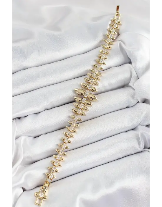 Pirinç Kurşun Model Zirkon Taşlı Gold Renk VİP Seri Kadın Bileklik