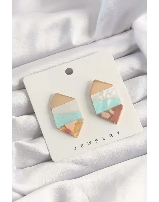  Mavi Beyaz Renkli Desenli Geometrik Küpe