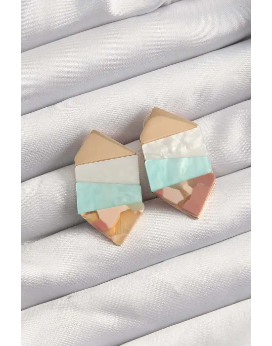  Mavi Beyaz Renkli Desenli Geometrik Küpe