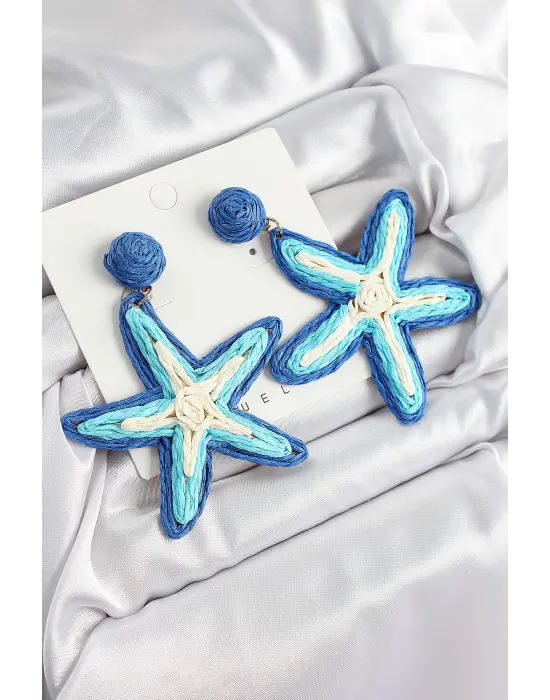 Pirinç Mavi Deniz Yıldızı Model Gold Renk Kadın Hasır Küpe