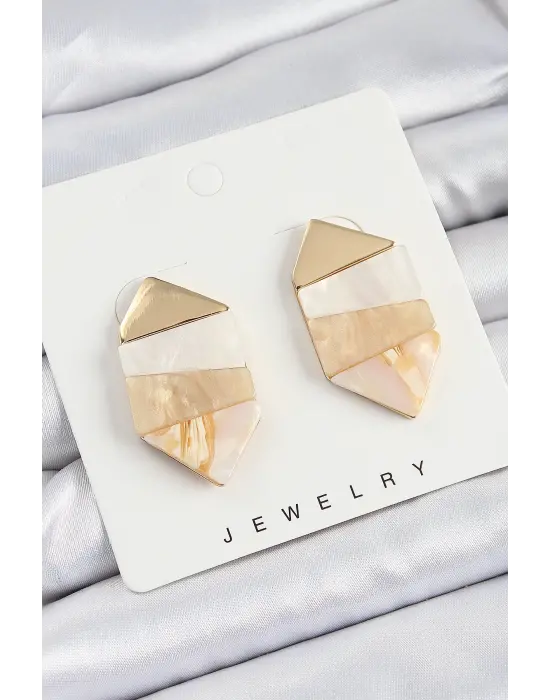 Pirinç Mermer Desenli Vintage Geometrik Model Gold Renk Kadın Küpe