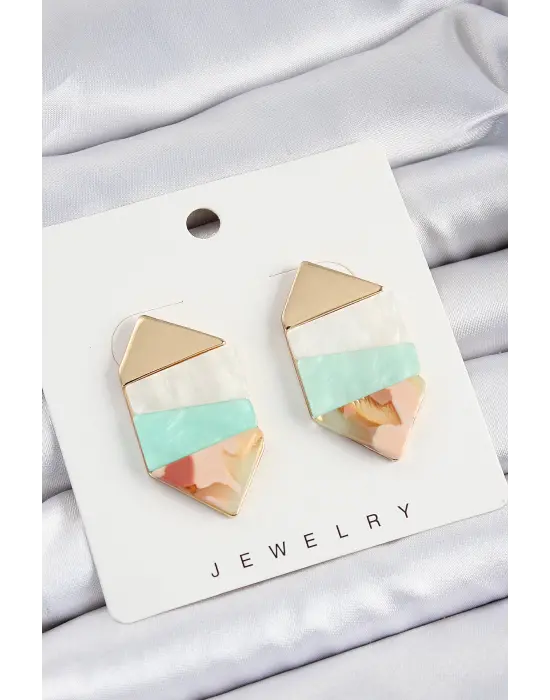 Pirinç Mermer Desenli Vintage Geometrik Model Gold Renk Kadın Küpe