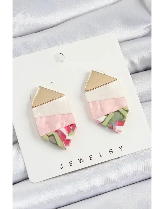 Pirinç Mermer Desenli Vintage Geometrik Model Gold Renk Kadın Küpe