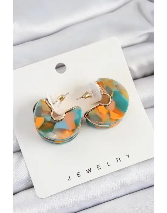 Pirinç Mermer Desenli Vintage Yarım Halka Model Gold Renk Kadın Küpe