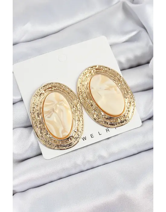 Pirinç Mermer Desenlli Bej Sedef Oval Vintage Model Gold Renk Kadın Küpe
