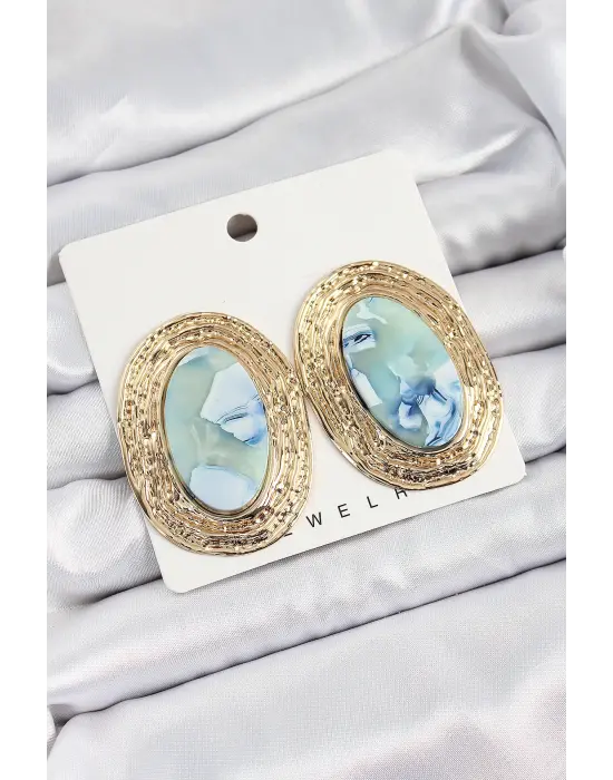 Pirinç Mermer Desenlli Mavi Sedef Oval Vintage Model Gold Renk Kadın Küpe