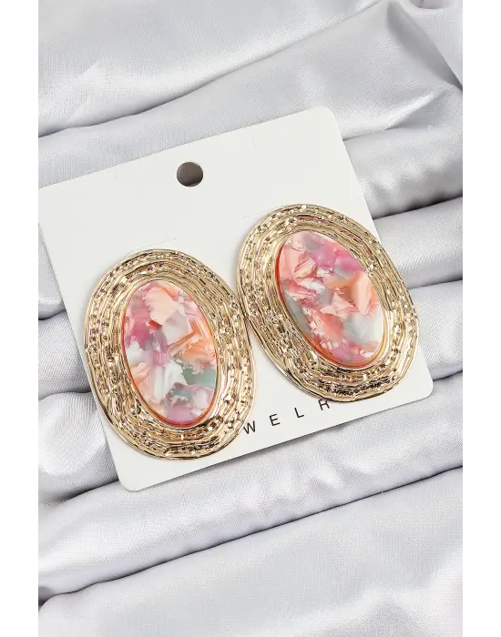 Pirinç Mermer Desenlli Pembe Sedef Oval Vintage Model Gold Renk Kadın Küpe