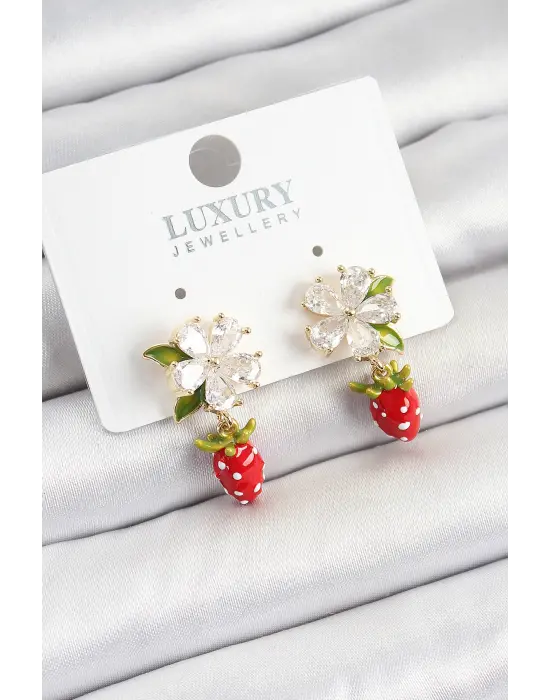 Pirinç Mineli Zirkon Taşlı Çiçek Model Sallantılı Çilek Detaylı Gold Renk Kadın Küpe