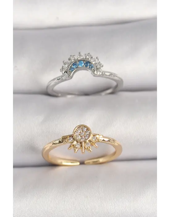  Mix Renk Ayarlanabilir Zirkon Taşlı Ay Güneş Model Çelik Yüzük