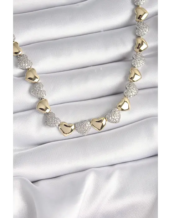 Pirinç Mix  Zirkon Taşlı Kalp Model VIP Exclusive Seri  Çelik Kolye