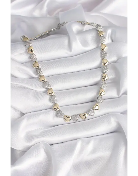 Pirinç Mix  Zirkon Taşlı Kalp Model VIP Exclusive Seri  Çelik Kolye