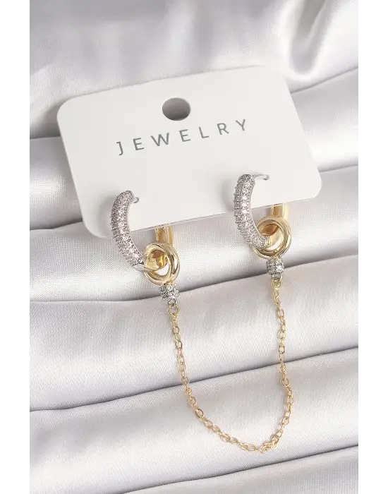 Pirinç Mix Renk Zirkon Taşlı Sallantı Zincir Model Kadın Küpe